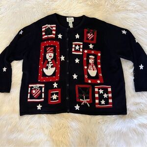 The Quacker Factory Snowman  Christmas Winter Cardigan Size 3X Patriotic